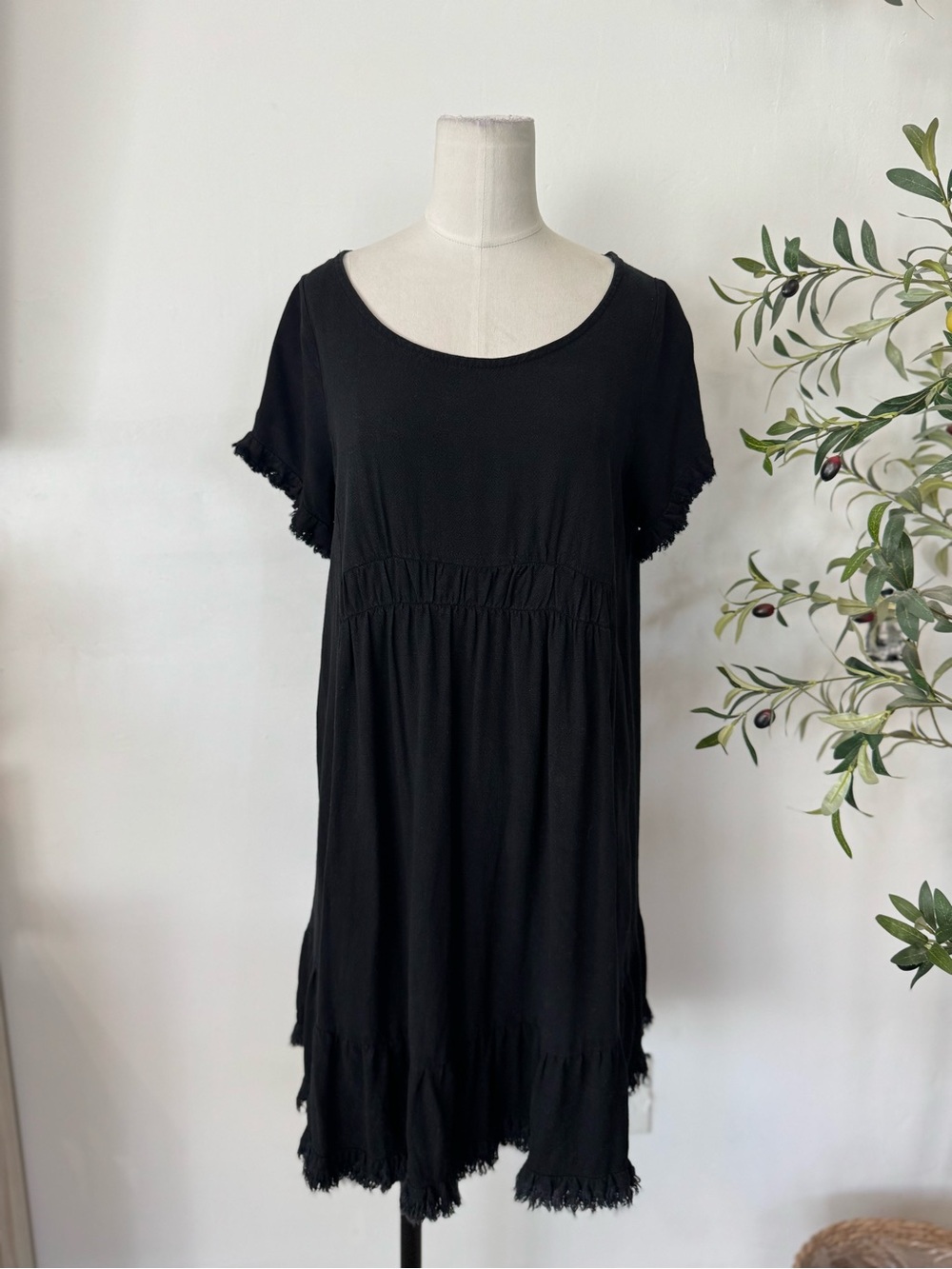 Umgee USA Black Linen Blend Babydoll Boho Tunic Dress Small